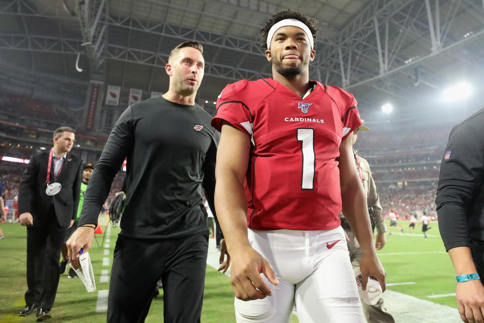 GLENDALE, ARIZONA - AUGUST 08:  Head coach Kliff Kingsbury and quarterback Kyler Murray #1 of the Arizona Cardinals walk off the field during the NFL preseason game against the Los Angeles Chargers at State Farm Stadium on August 08, 2019 in Glendale, Arizona. The Cardinals defeated the Chargers 17-13.  (Photo by Christian Petersen/Getty Images)