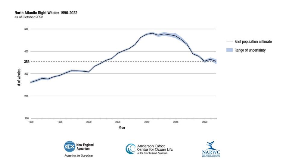 The graph shows the North Atlantic right whale population trend since 1990.