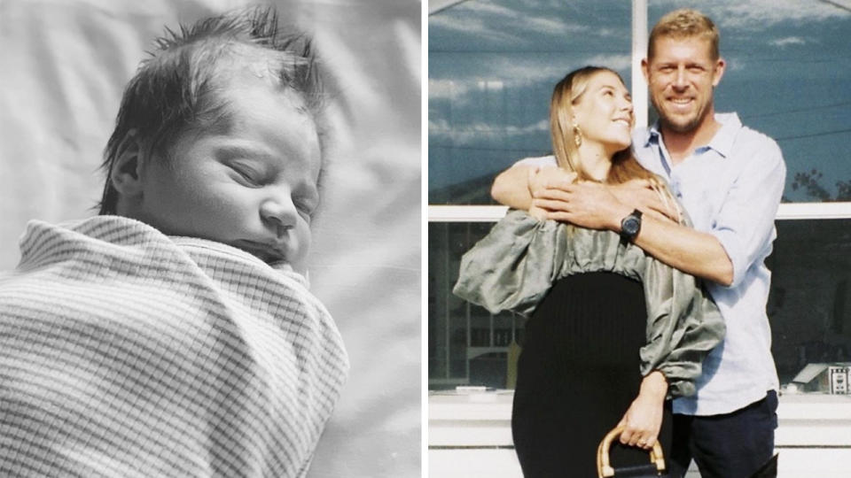 Mick fanning hugs fiancee Breeana Randall (pictured right) and their child Xander (pictured left).