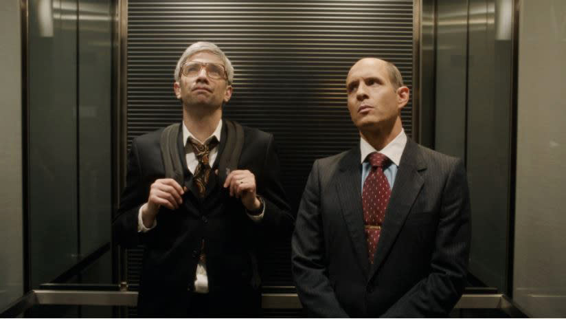 This image released by IFC Films shows Jay Baruchel as Mike Lazaridis, left, and Glenn Howerton as Jim Balsillie in a scene from "BlackBerry." (IFC Films via AP)
