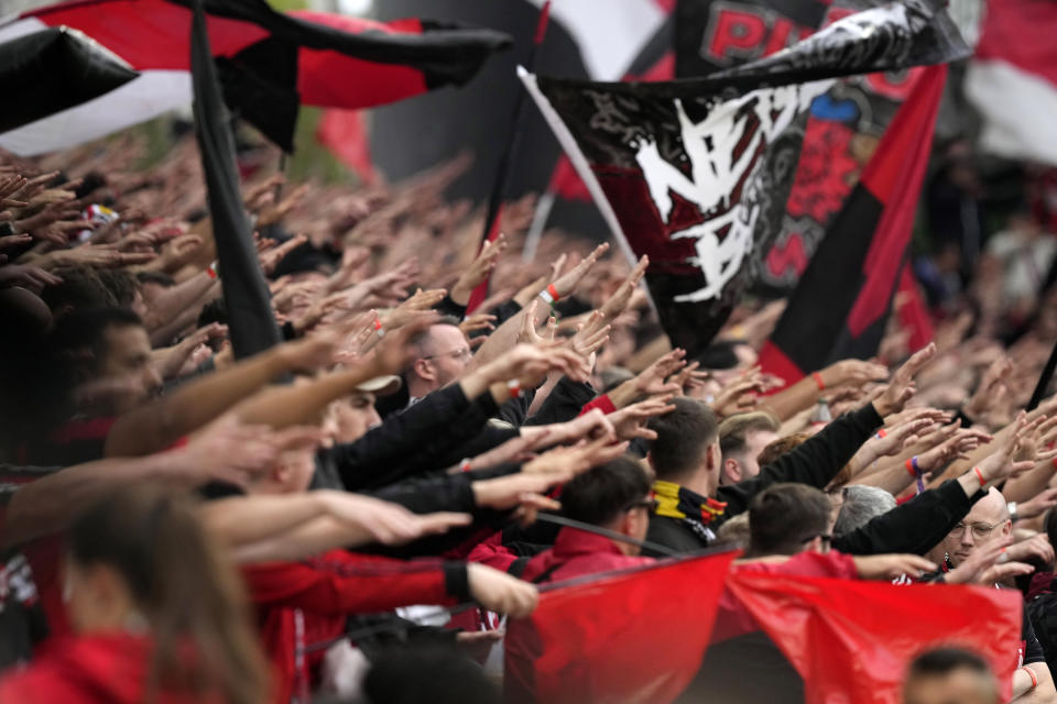 Bayer Leverkusen fans cheer prior to the Europa League final soccer match between Atalanta and Bayer Leverkusen at the Aviva Stadium in Dublin, Ireland, Wednesday, May 22, 2024. (AP Photo/Frank Augstein)