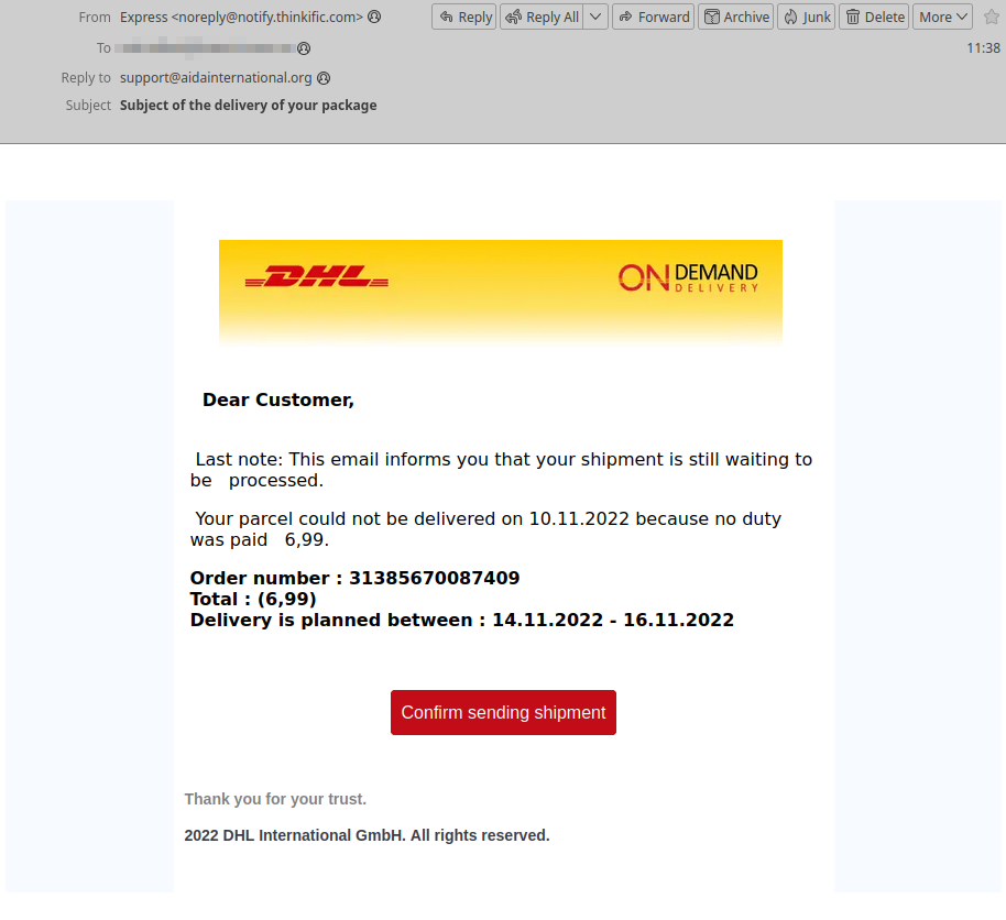 A copy of the DHL scam email.