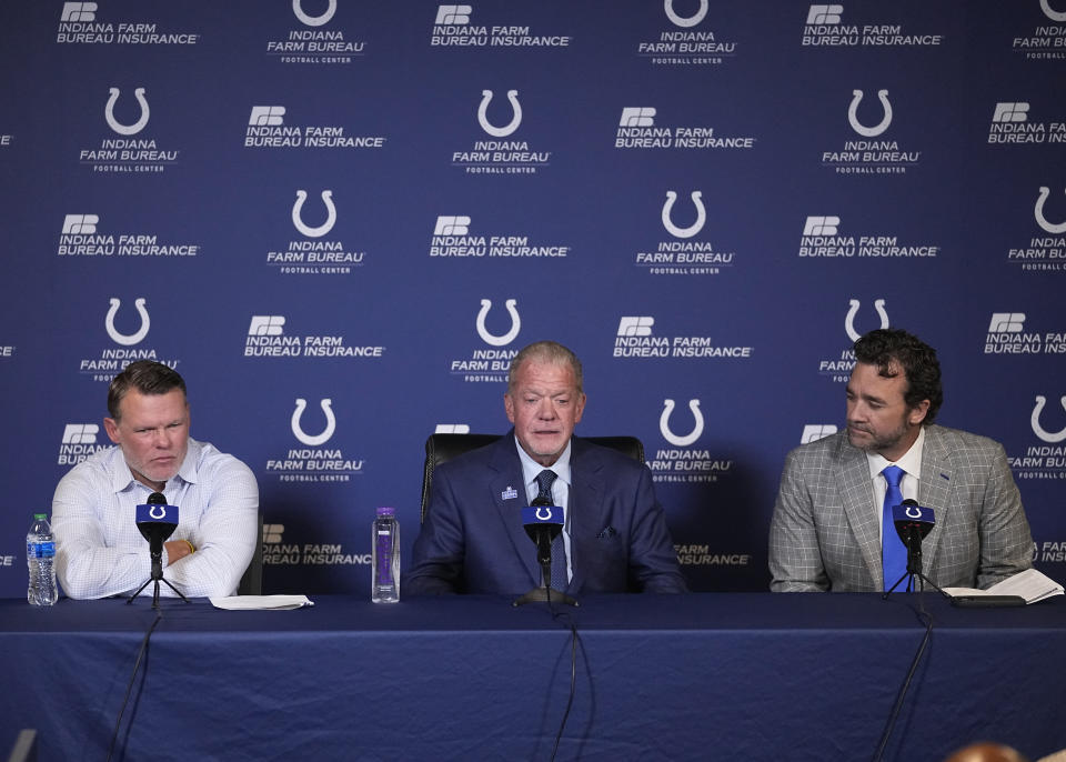 Colts team owner Jim Irsay (center) and new head coach Jeff Saturday (right) are not ideal people to speak about 