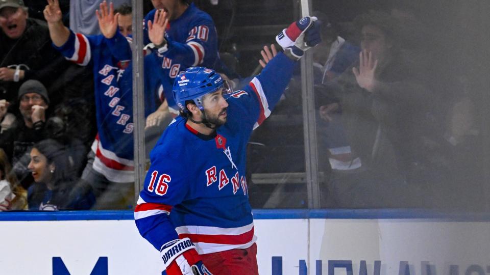 Apr 23, 2024; New York, New York, USA; New York Rangers center Vincent Trocheck (16) celebrates his goal against the Washington Capitals during the first period in game two of the first round of the 2024 Stanley Cup Playoffs at Madison Square Garden. 