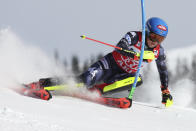 United States' Mikaela Shiffrin speeds down the course during an alpine ski, women's World Cup slalom, in Are, Sweden, Saturday, March 11, 2023. (AP Photo/Alessandro Trovati)