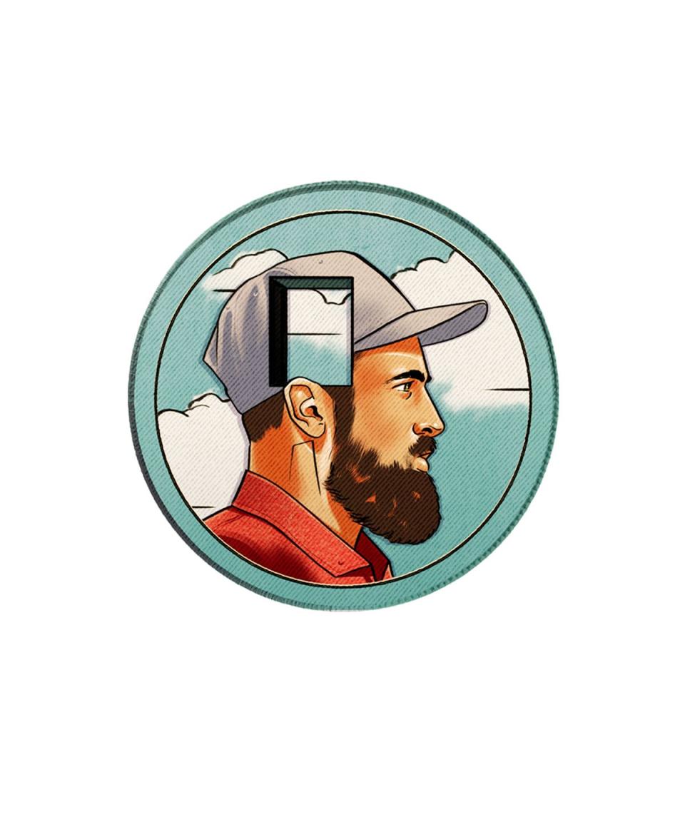 badge of person with window through head