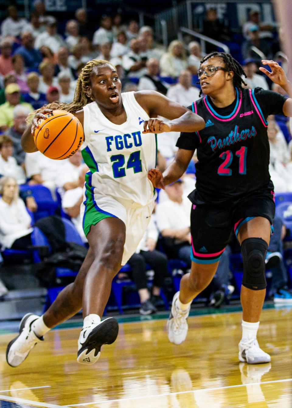 Uju Ezeudu, #24 of the Florida Gulf Coast University womenÕs basketball team drives to the basket in a win over Florida International University at FGCU on Tuesday, Nov. 14, 2023.