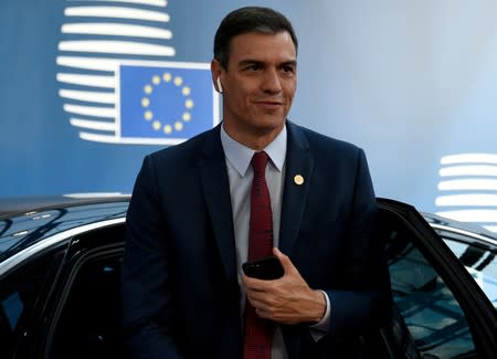 FILE PHOTO: Spain's acting Prime Minister Pedro Sanchez arrives at a European Union leaders summit in Brussels