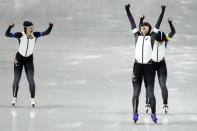 Speed Skating - Pyeongchang 2018 Winter Olympics - Women's Team Pursuit competition finals - Gangneung Oval - Gangneung, South Korea - February 21, 2018 - Nana Takagi, Ayano Sato and Miho Takagi of Japan celebrate after winning a gold medal. REUTERS/Damir Sagolj