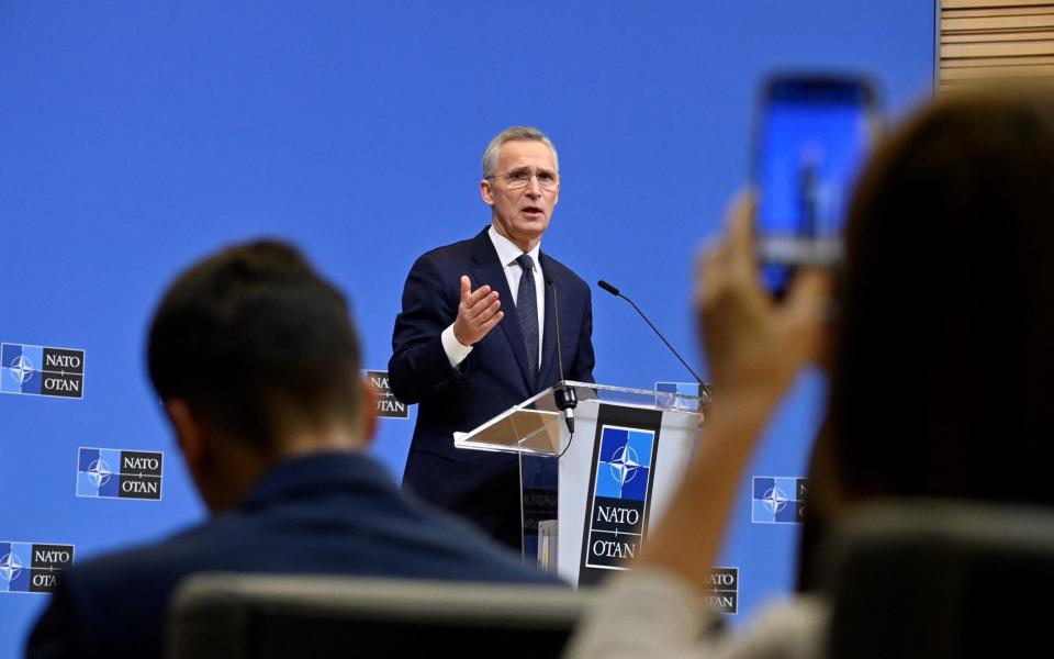 Jens Stoltenberg, the Nato Secretary General, talks during a press conference