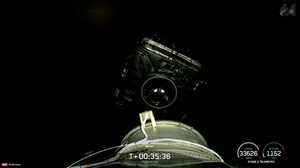 In orbital darkness over Africa, the Turksat 6A satellite drifts away from the Falcon 9's second stage after a problem-free climb to orbit. / Credit: SpaceX webcast