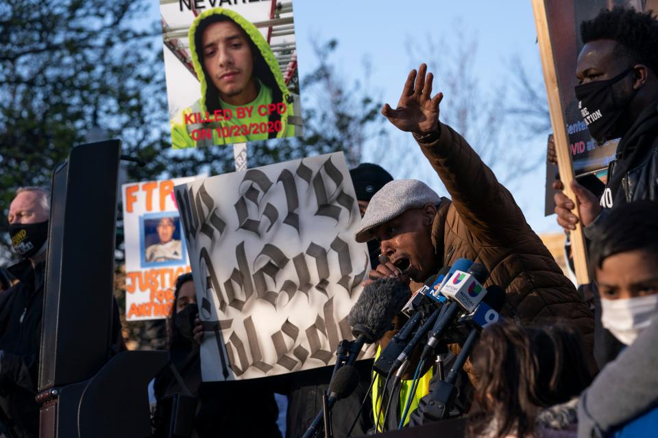 Mark Clements speaks at a rally for 13-year-old Adam Toledo, Friday April 15, 2021 in Chicago's Logan Square neighborhood.