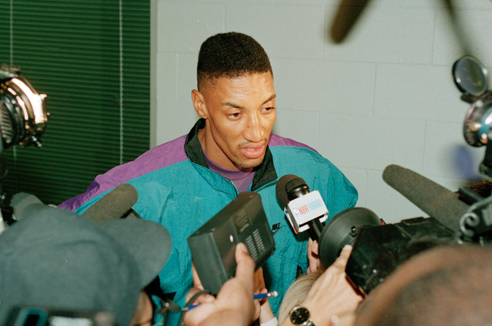 Chicago Bulls' Scottie Pippen talks with reporters after basketball practice at the Berto Center in Deerfield, Illinois, on May 24, 1994. Questions are being asked after Pippen sat on the bench as the Bulls beat the Knicks 104-102, on Toni Kukoc's last-second shot. (AP/Todd Rosenberg)