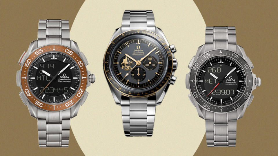 From left to right: Omega’s X-33 Marstimer Chronograph, the Apollo 11 50<sup>th</sup> Anniversary Speedmaster, and the the Skywalker X-33.