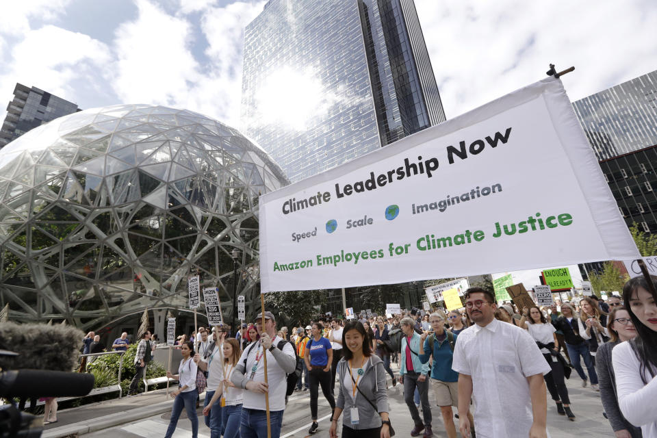 Amazon employees lead a climate strike march from the company's Seattle headquarters on Sept. 20, 2019. Across the globe, hundreds of thousands of people took to the streets to demand concrete action on climate change. (Photo: ASSOCIATED PRESS)