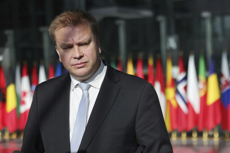 Finland's Defence Minister Antti Kaikkonen arrives for a meeting of NATO defense ministers at NATO headquarters in Brussels, Wednesday, Oct. 12, 2022. (AP Photo/Olivier Matthys)