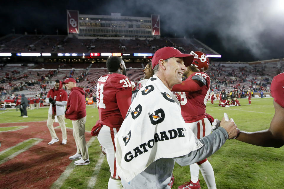 Nov. 19, 2022; Norman; Oklahoma Sooners coach Brent Venables celebrates after defeating the Oklahoma State University Cowboys at Gaylord Family-Oklahoma Memorial Stadium. Bryan Terry-USA TODAY Sports