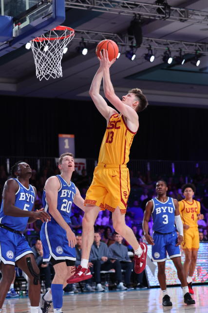 In a photo provided by Bahamas Visual Services, Southern California's Drew Peterson shoots against BYU during an NCAA college basketball game in the Battle 4 Atlantis at Paradise Island, Bahamas, Wednesday, Nov. 23, 2022. (Tim Aylen/Bahamas Visual Services via AP)