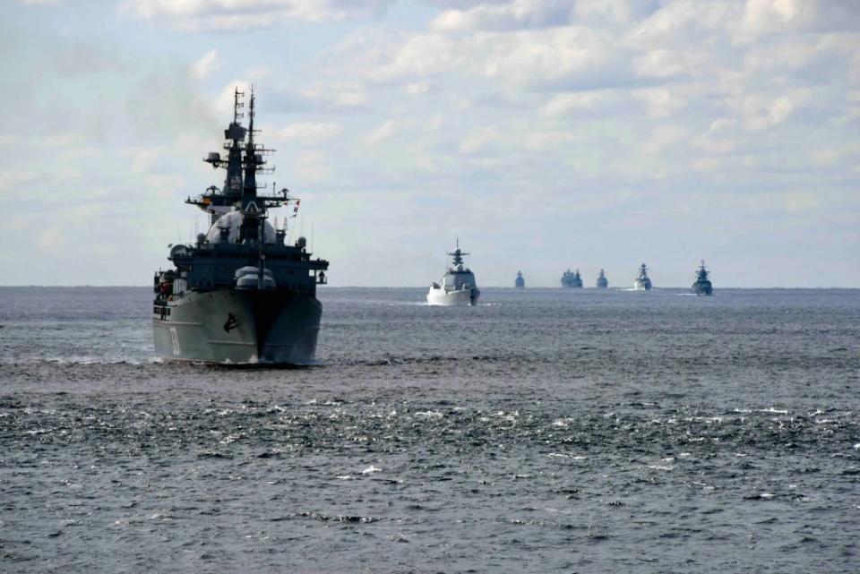 Russia and Chinese warships in the Tsugaru Strait between the Japanese home islands of Honshu and Hokkaido during a naval exercise in 2021. <em>Photo by Sun Zifa/China News Service via Getty Images</em>