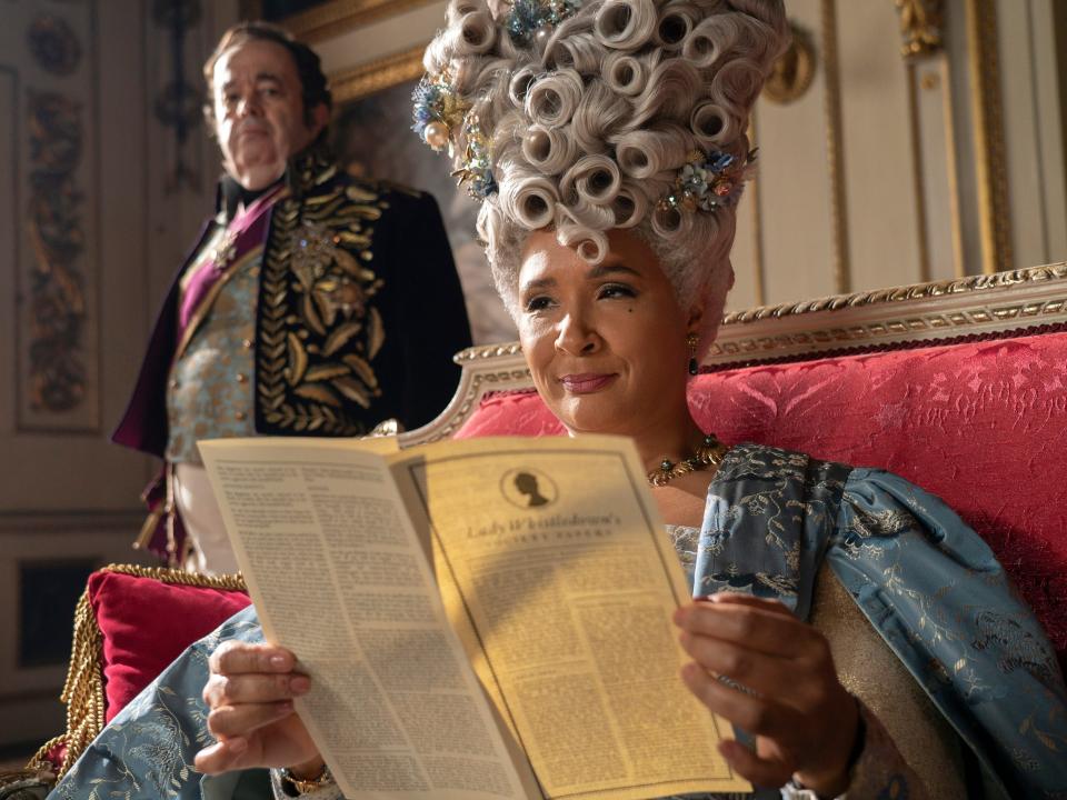 Hugh Sachs as Brimsley and Golda Rosheuvel as Queen Charlotte in season three, episode five of "Bridgerton."