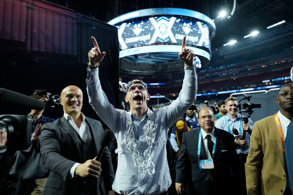 UConn head coach Dan Hurley celebrates after Monday night's national championship game victory over San Diego State. "We knew we were the best team in the tournament," Hurley said.