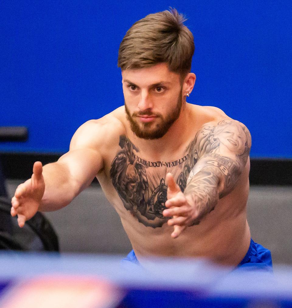 Former Gator Receiver Ricky Pearsall has his measurements taken in the Heavener Football Complex Weight Room before getting his measurements during Gator Pro Day in Gainesville, FL on Thursday, March 21, 2024. [Doug Engle/Gainesville Sun]