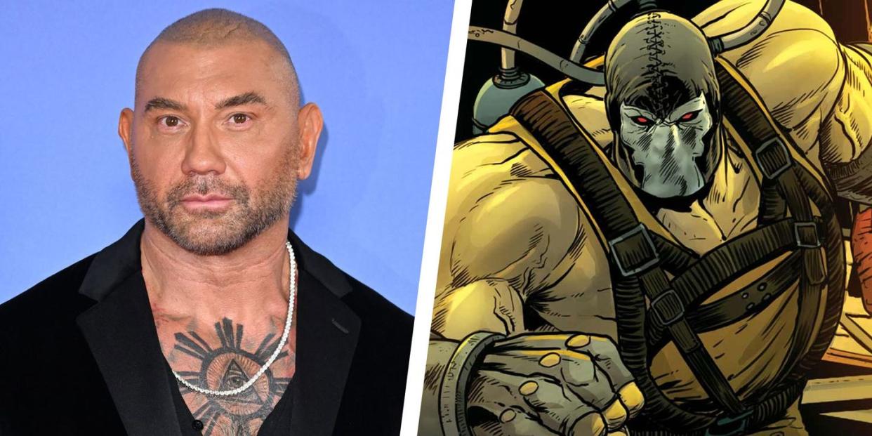 side by side images of dave bautista and bane from the dc comics