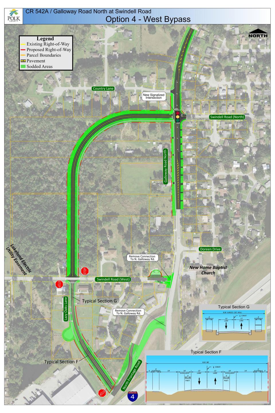 A final option for Swindell-Galloway would look much like Option 1, except that an extension would be built from Lazy Oaks Lane to North Frontage Road, and the Frontage Road connection to Galloway would also be closed.