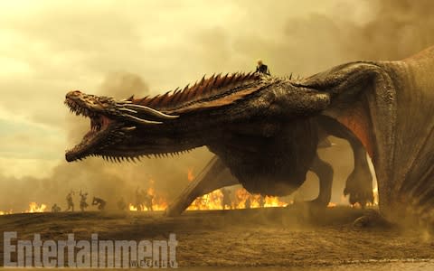 Emilia Clarke as Daenerys Targaryen sits astride one of her dragons in forthcoming Game of Thrones season seven - Credit: Entertainment Weekly