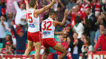 Lewis Jetta celebrates a goal with an Indigenous dance.