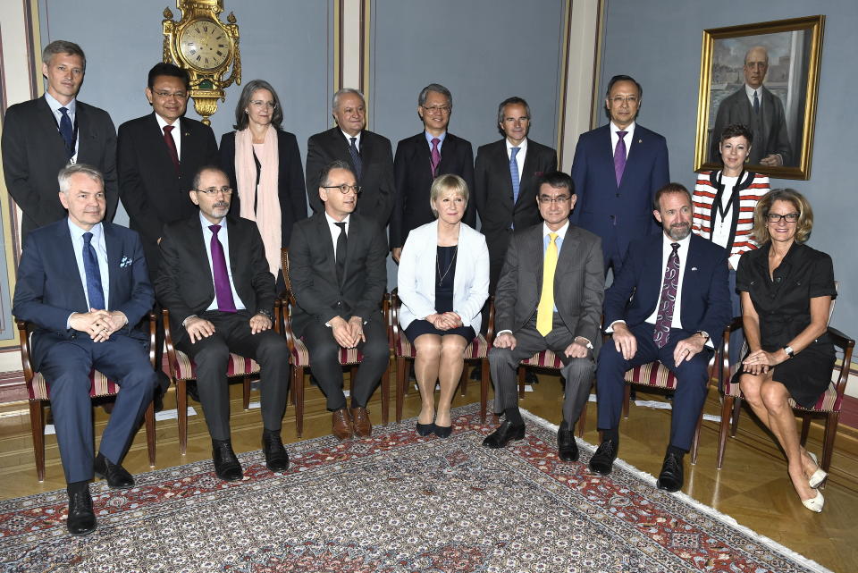 The group photo of the delegates attending the meeting on nuclear disarmament and the non-proliferation treaty, at the Grand Hotel in Stockholm, Tuesday June 11, 2019. Front row from left: Finland's Foreign Minister Pekka Haavisto, Jordan's Foreign Minister Ayman Safadi, Germany's Foreign Minister Heiko Mass, Sweden's Foreign Minister Margot Wallstrom, Japan's Foreign Minister Taro Kono New Zealand's Minister of Justice Andrew Little and Canada's Parliamentary Secretary to the Minister of Foreign Affairs Pamela Goldsmith Jones. (Claludio Bresciani/TT via AP)