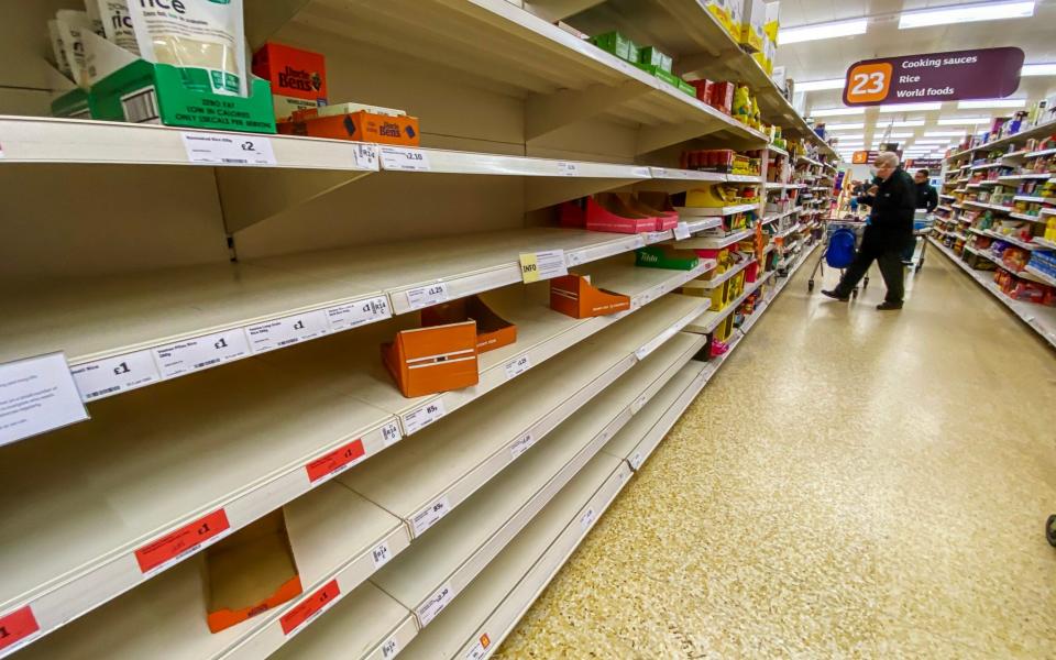 Supermarket shelves were empty amid a surge of panic buying in March - Paul Grover for the Telegraph