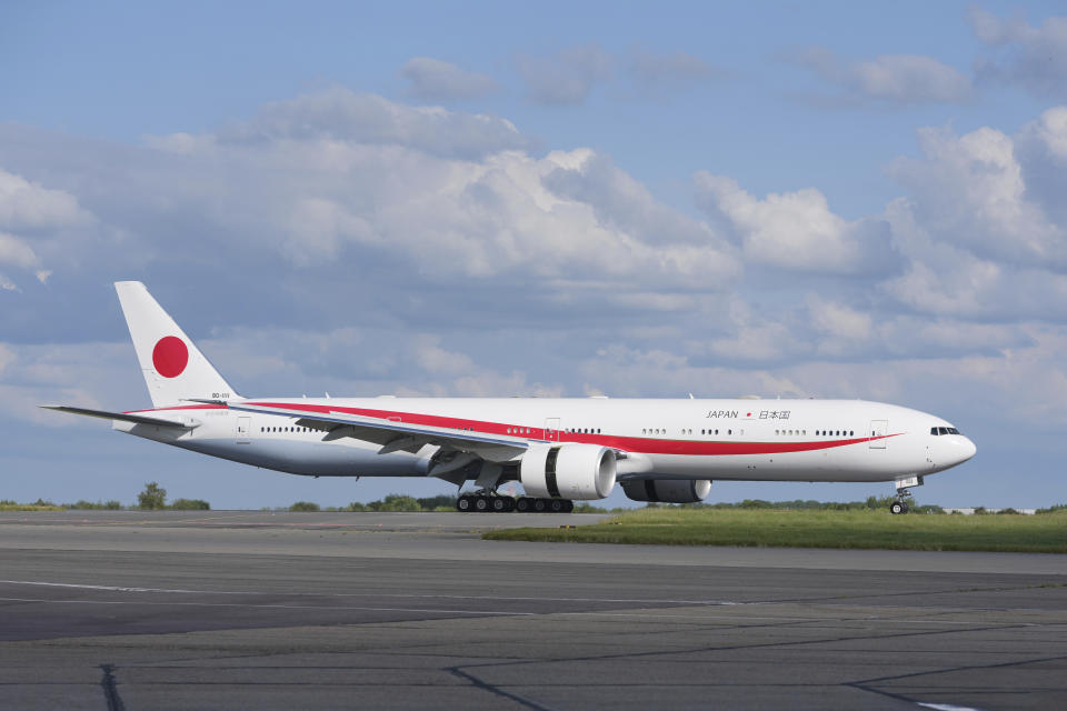 The plane carrying Emperor Naruhito and Empress Masako arrives at Stansted Airport, England, Saturday, June 22, 2024, ahead of a state visit. The state visit begins Tuesday, when King Charles III and Queen Camilla will formally welcome the Emperor and Empress before taking a ceremonial carriage ride to Buckingham Palace. (AP Photo/Kin Cheung)