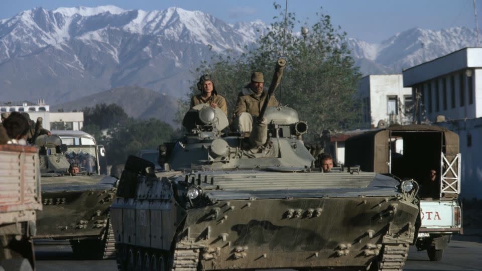 Soviet soldiers during a patrol in Kabul, Afghanistan, April 25, 1988. The Soviet Union invaded Afghanistan in late 1979 and remained there until 1989. - Robert Nickelsberg/Getty Images