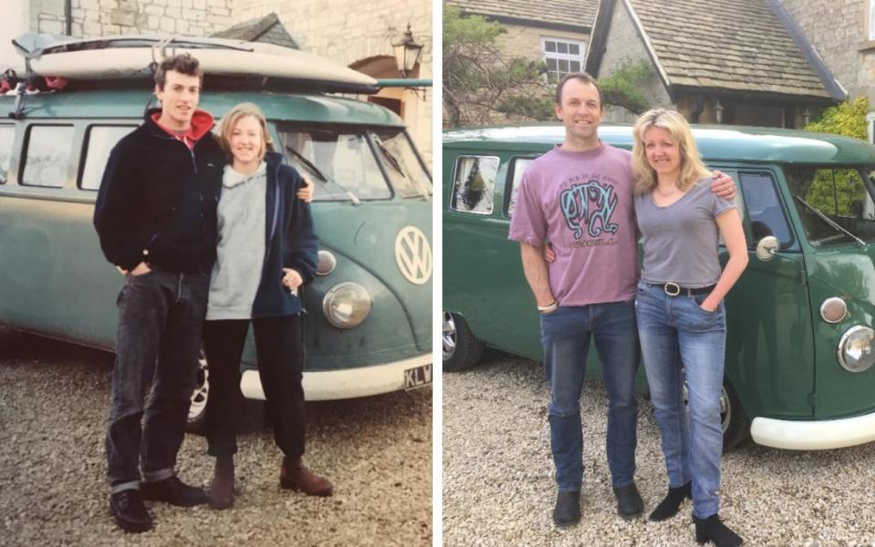 Mr and Mrs Macken with their campervan when they married and earlier this year - Ross and Julie Macken