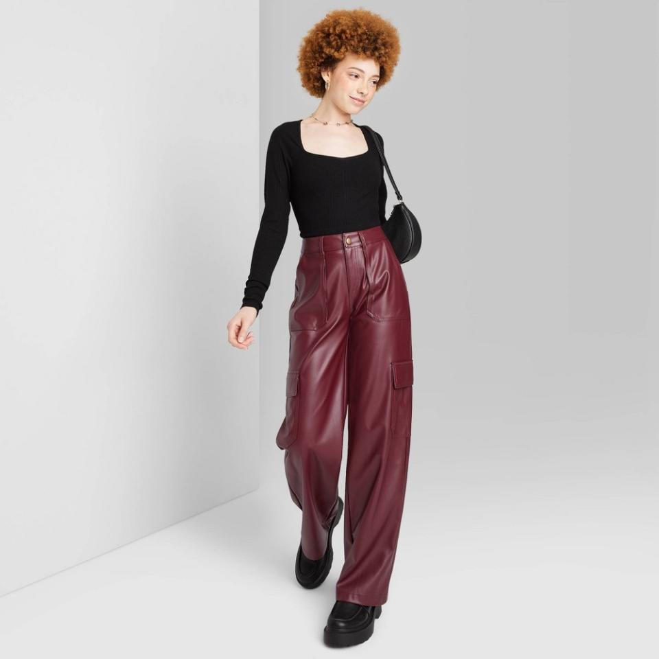 <p><a href="https://www.target.com/p/women-39-s-high-rise-straight-leg-faux-leather-cargo-pants-wild-fable-8482-burgundy-s/-/A-88808491" rel="nofollow noopener" target="_blank" data-ylk="slk:Shop Now;elm:context_link;itc:0;sec:content-canvas" class="link ">Shop Now</a></p><p>Faux Leather Cargo Pants </p><p>target.com</p><p>$32.00</p><span class="copyright">Wild Fable</span>