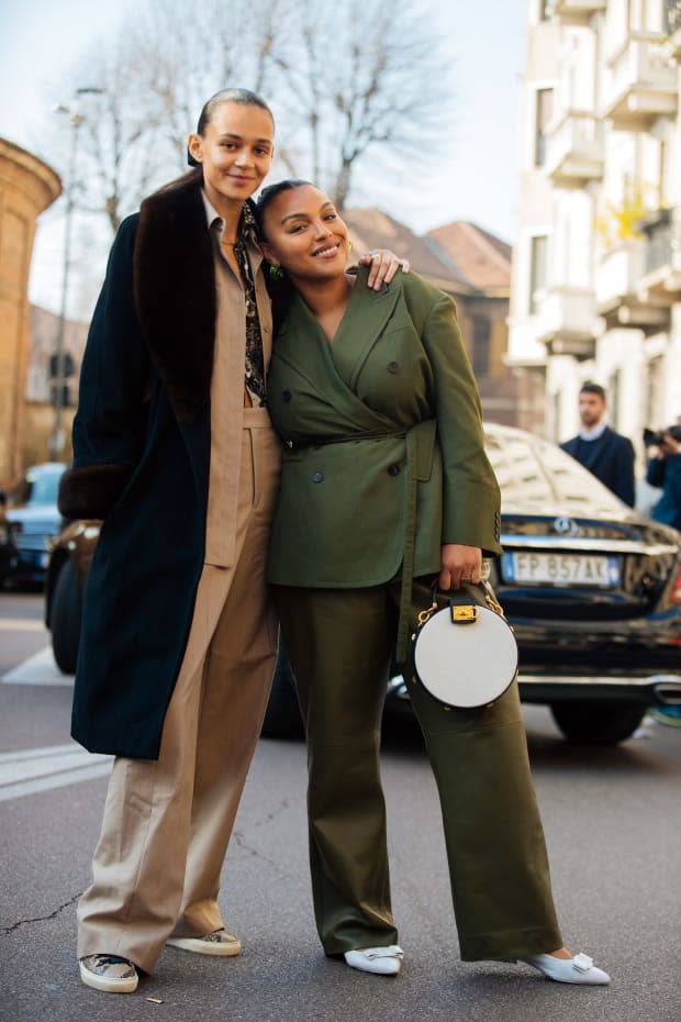 Models Binx Walton and Paloma Elsesser after Salvatore Ferragamo's Fall 2020 show during Milan Fashion Week. <br>