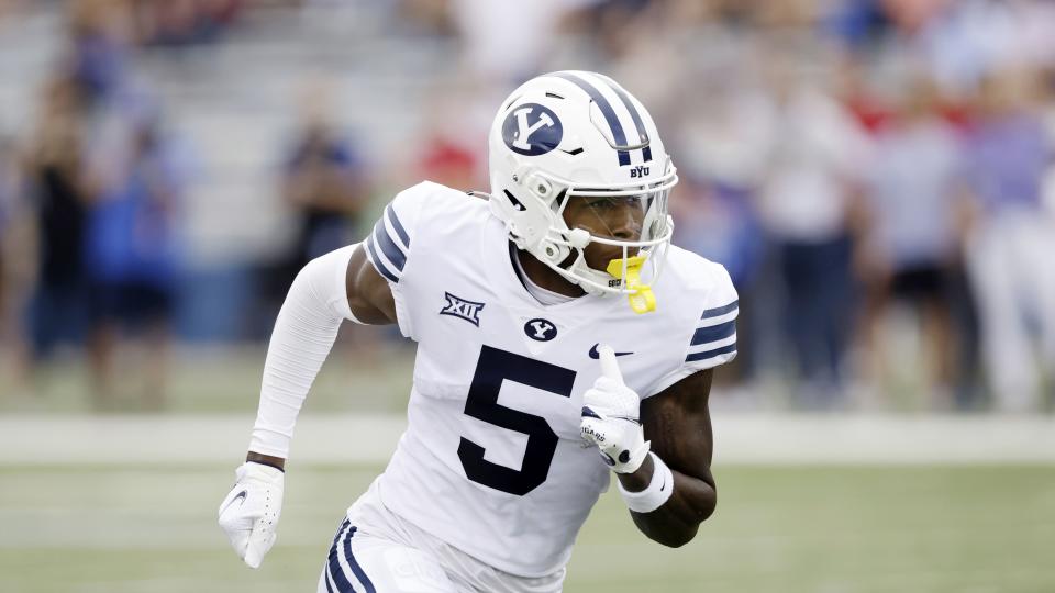BYU receiver Darius Lassiter during a game against Kansas on Saturday, Sept. 23, 2023 in Lawrence, Kan. | Colin E. Braley, Associated Press