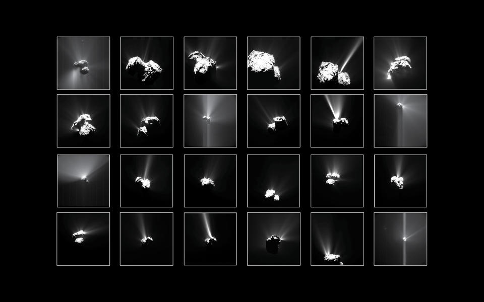 Zusammenstellung der hellsten Explosionen, die zwischen Juli und September 2015 von der Schmalwinkelkamera OSIRIS und der Navigationskamera Rosetta auf dem Kometen 67P/Churyumov–Gerasimenko beobachtet wurden.