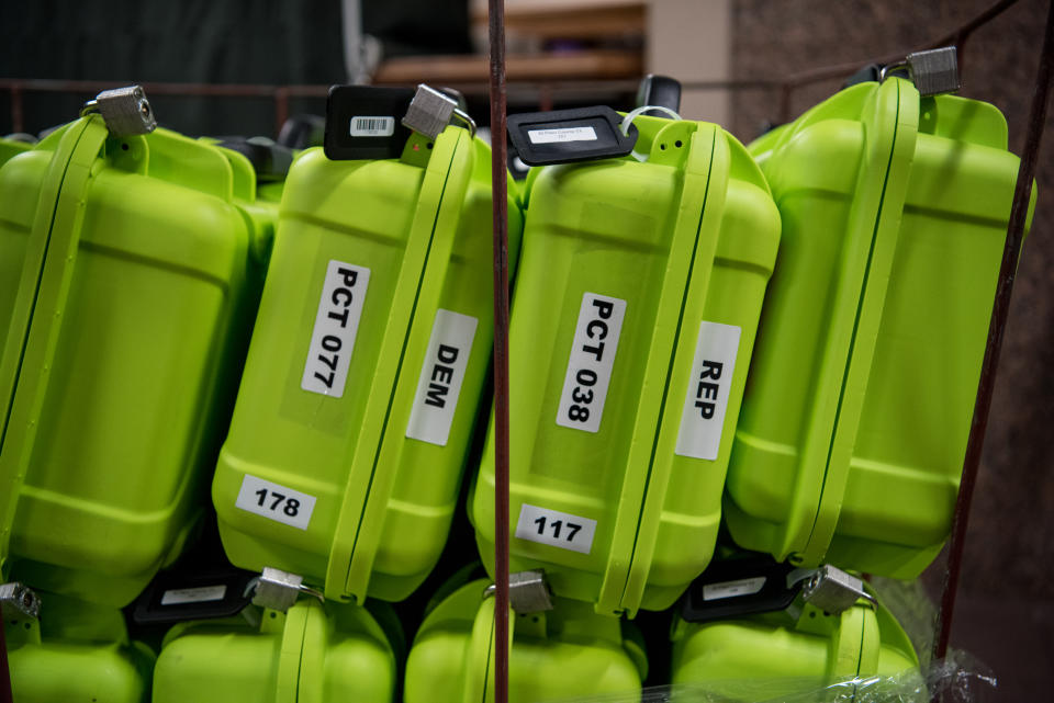 EL PASO, TX - MARCH 03: A cart of electronic Pod Pads at the El Paso County Court House on March 3, 2020 in El Paso, Texas. 1,357 Democratic delegates are at stake as voters cast their ballots in 14 states and American Samoa on what is known as Super Tuesday. (Photo by Cengiz Yar/Getty Images)