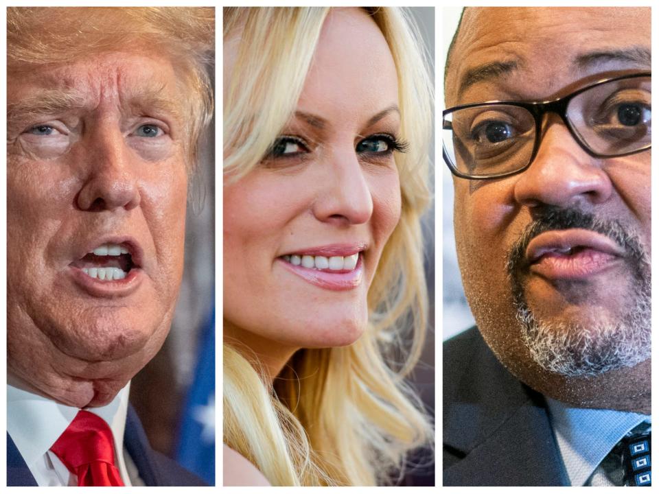 Former President Donald Trump, left. adult film star Stormy Daniels, center. Manhattan District Attorney Alvin Bragg, right.