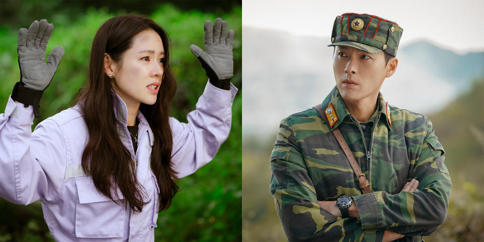 This combination of images released by Netflix shows Son Ye-jin, left, and Hyun Bin in scenes from the South Korean drama series "Crash Landing on You." (Netflix via AP)