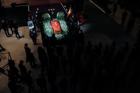 Mayor Pawel Adamowicz's coffin lies in state in the European Solidarity Centre in Gdansk, Poland, January 17, 2019. Bartosz Banka/Agencja Gazeta/via REUTERS