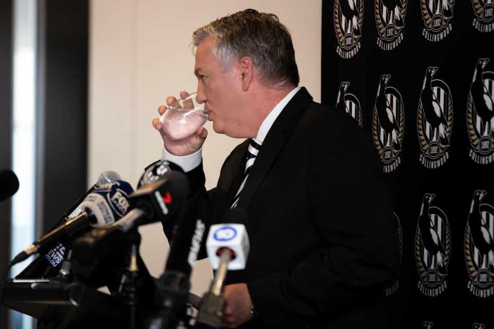 Eddie McGuire resigns effective immediately as Collingwood Football Club President whilst speaking to the media during a Collingwood Magpies AFL press conference at the Holden Centre on February 09, 2021 in Melbourne, Australia.