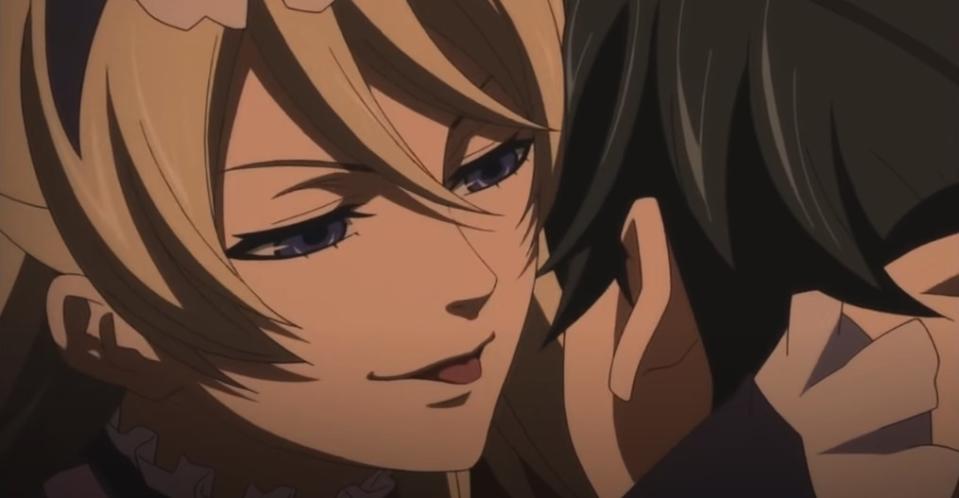 Alois prepares to lick Ciel's earlobe