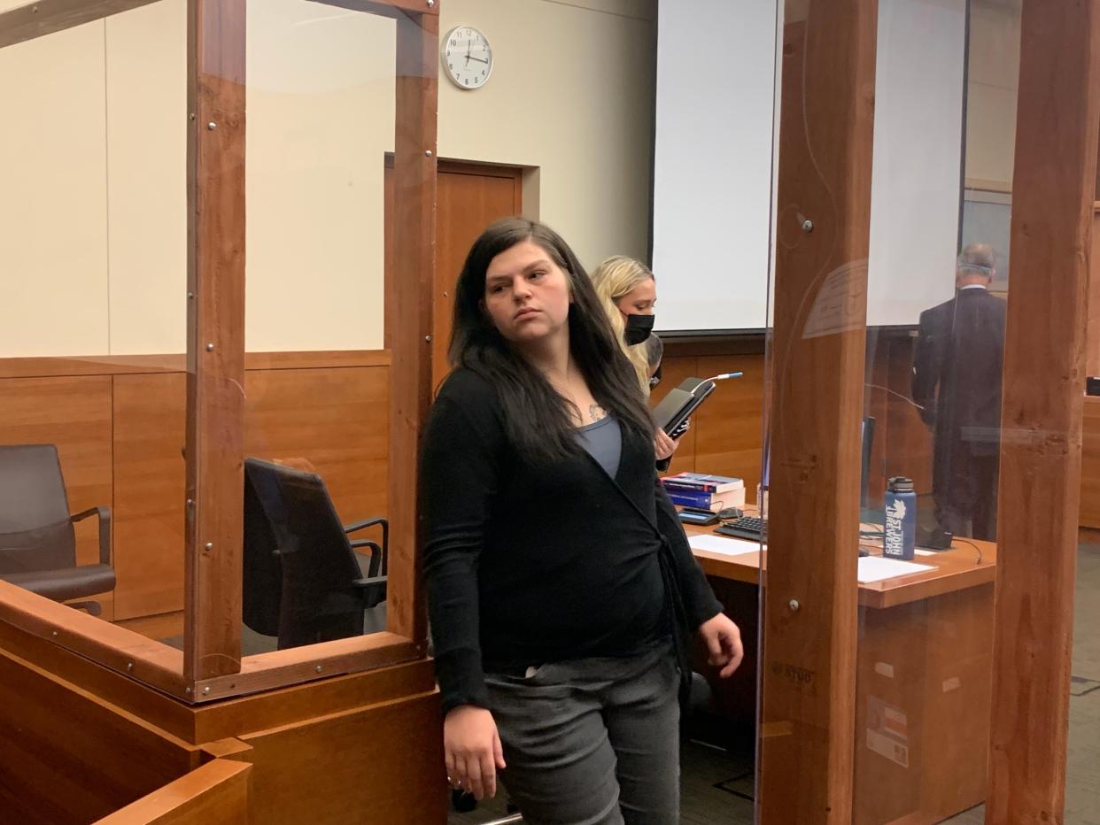 Bria K. Henslee, 23, exits the Franklin County Common Pleas Court  courtroom on May 16 during a break in her trial in the death of 25-year-old Makaela Ellis on April 9, 2021. A jury found Henslee not guilty of murder on Wednesday. One of Henslee's defense attorneys, Sam Shamansky, said during the trial that Ellis was pointing a gun at Henslee, who acted in self-defense when she drover her vehicle into Ellis and crushed her against the exterior wall of a fast-food restaurants bulding.