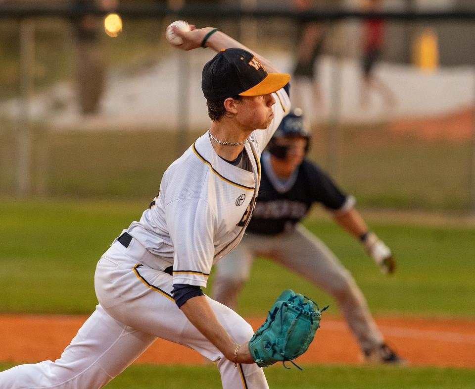 Winter Haven pitcher (13) Vincent Miller throws a pitch against Newsome during a 7A District 6 baseball tournament at Winter Hven High School in Winter Haven Fl. Tuesday April 30, 2024.
Ernst Peters/The Ledger