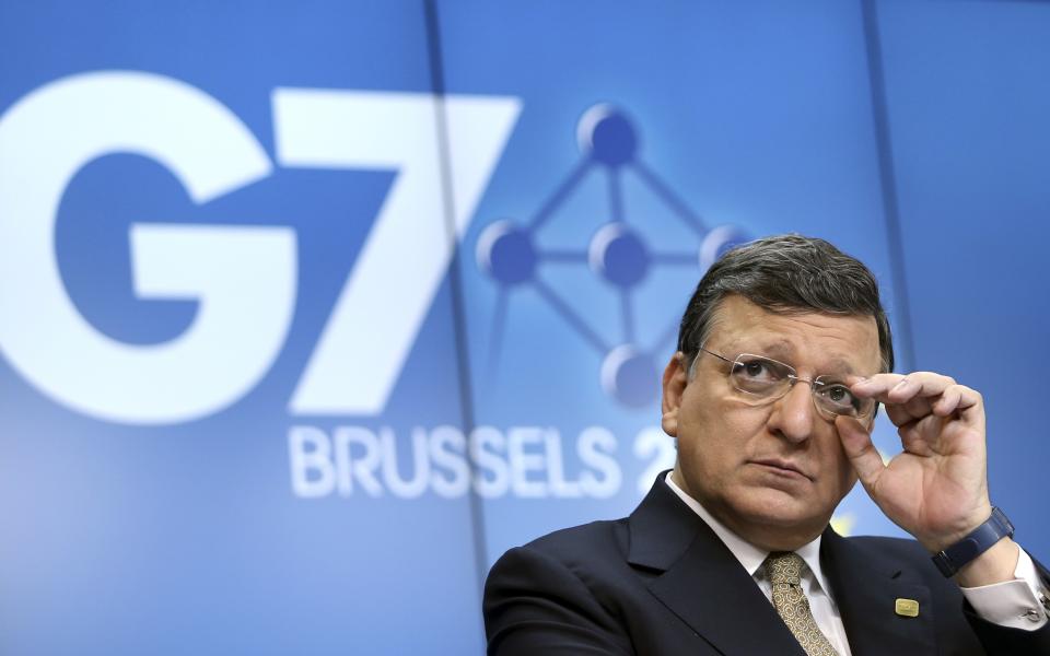 European Commission President Jose Manuel Barroso addresses a news conference ahead of a G7 summit at the European Council building in Brussels June 4, 2014. The world's leading industrialized nations meet without Russia for the first time in 17 years on Wednesday, leaving President Vladimir Putin out of the talks in retaliation for his seizure of Crimea and Russia's part in destabilizing eastern Ukraine. REUTERS/Francois Lenoir (BELGIUM - Tags: POLITICS BUSINESS TPX IMAGES OF THE DAY)