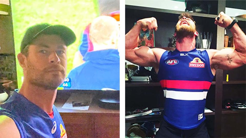 Actor Chris Hemsworth (pictured left) watching the 2021 AFL grand final an (pictured right) showing off his muscles in a Western bulldogs jersey.