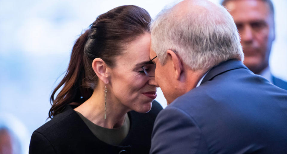 New Zealand's Prime Minister Jacinda Ardern does a hongi with Australian counterpart Scott Morrison at the reception for the annual Australia-New Zealand Leaders' Meeting at the Rees Hotel on May 30, 2021 in Queenstown, New Zealand.